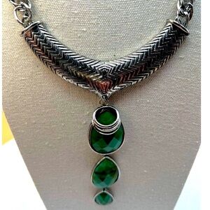 Vintage Silver-Tone Chain Necklace With Chevron Pendant And Green Acrylic Gemsto